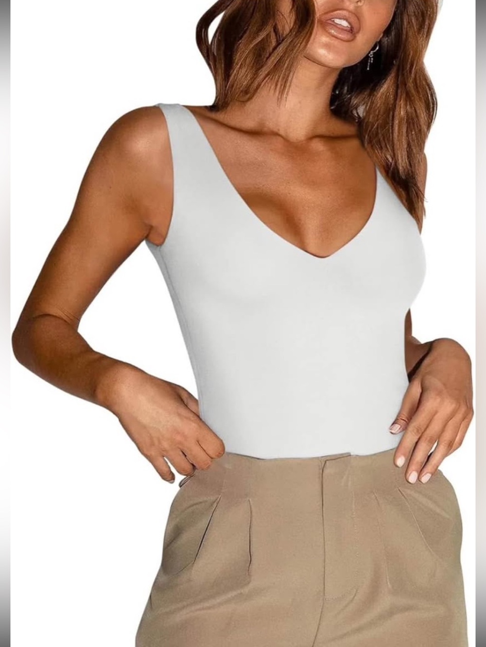 Sleek V-Neck White Bodysuit โ Classic Slim Fit